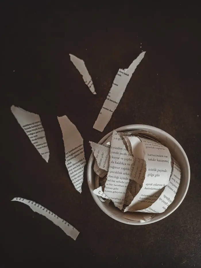 Overhead shot of shredded paper strips in a bowl on a dark surface.